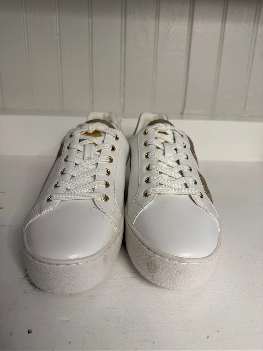 Michael Kors women’s White Leather Sneakers with Brown MK Logo and Gold Heel